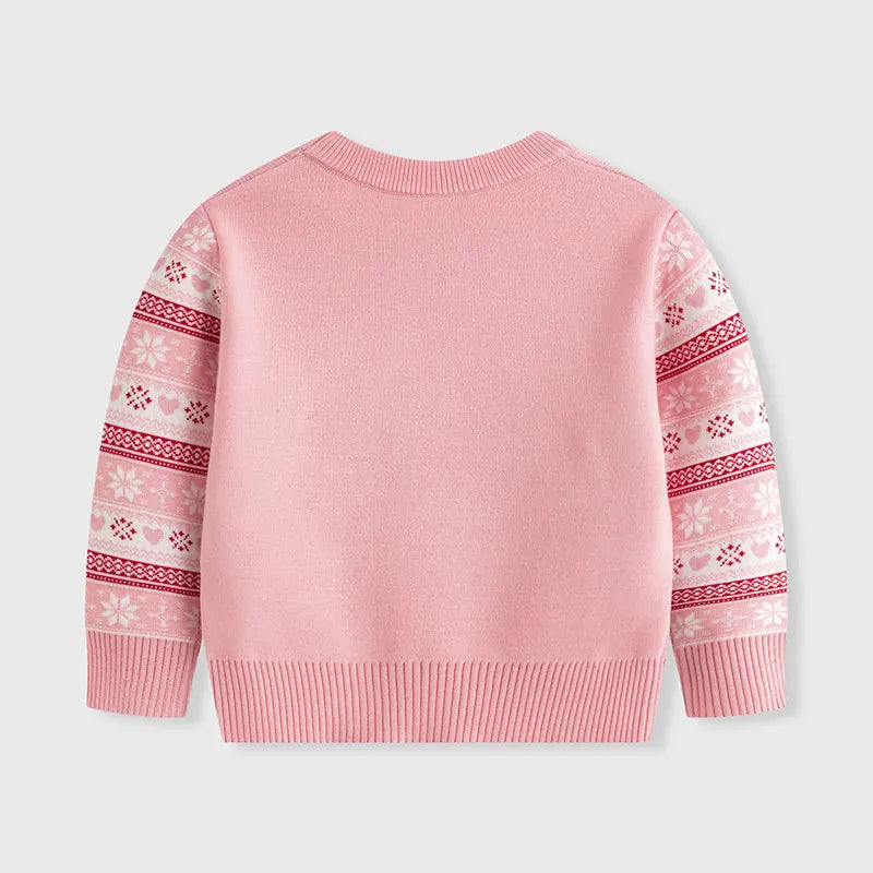 Winter Girls' New Reindeer Print Cartoon Cute Long Sleeved Christmas Fashion Simple and Versatile Knitted Round Neck Sweater