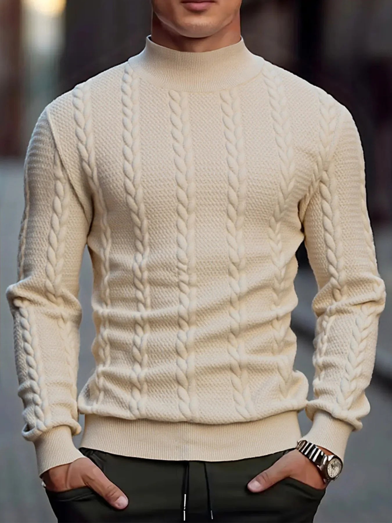Men's Knitted High Collar Sweater Casual Vintage Twist Knitwear Sweater Tops Winter Solid Color Slim Fit Warmth Sweater Tops