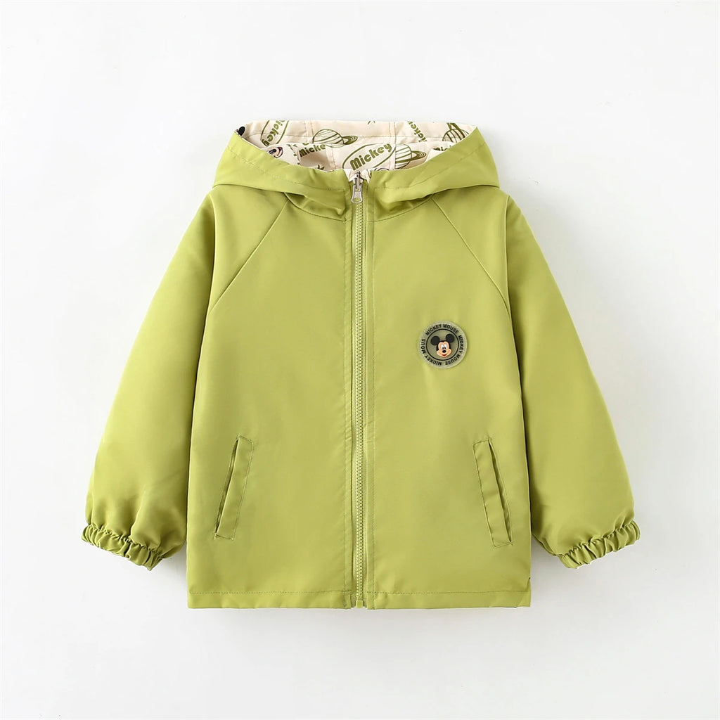 Disney Hooded Jacket Children Clothes Mikey Full Print Long Sleeve Coat Trendy Tops For Boys Girl Cartoon Kids Green Outerwear