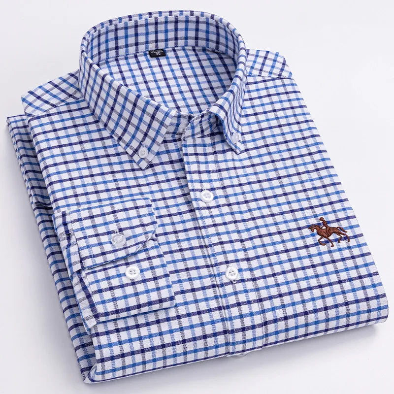Basic Oxford Dress Shirt For Men Long Sleeve 100% Pure Cotton Solid  Casual Plaid Striped Social Business Male Regular-Fit S-6XL