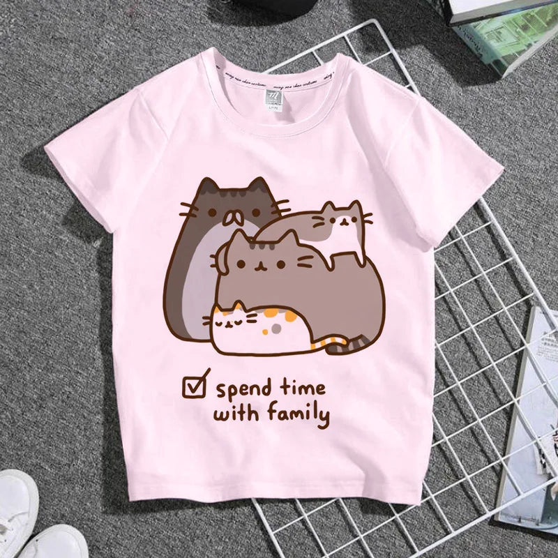 Summer Boys and Girls Children's T-shirt Cute Cat Cat Novel Cartoon Print Primary School Short Sleeve Parent-child Clothing