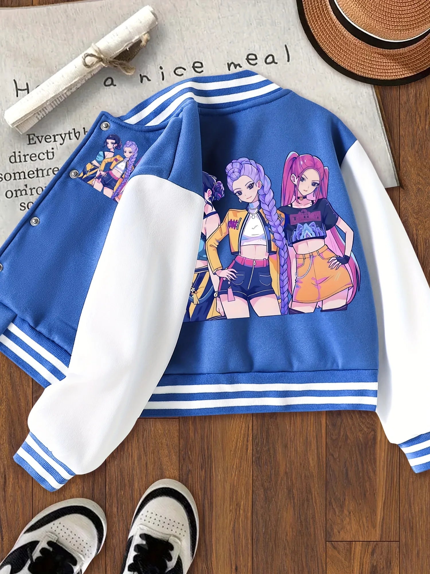 Christmas-Themed Short Baseball Jacket for Girls with a "Anime Idol Girl Group" Design, Trendy Clothing for Girls, Sportswear for Older Children, Casual Wear for Home and Outings, Versatile