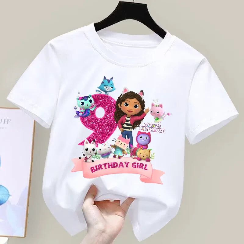 Gabbys Dollhouses Birthday Number T-shirt Girls White Pink Short Sleeve T-shirts Tops Cotton Summer Casual Party Supplies Tee
