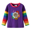 Girls Purple Long Sleeve Tops Kids Rainbow Striped Sleeves Cotton Casual Soft Cozy T Shirt Girls Flower Sequined Colorful Tees