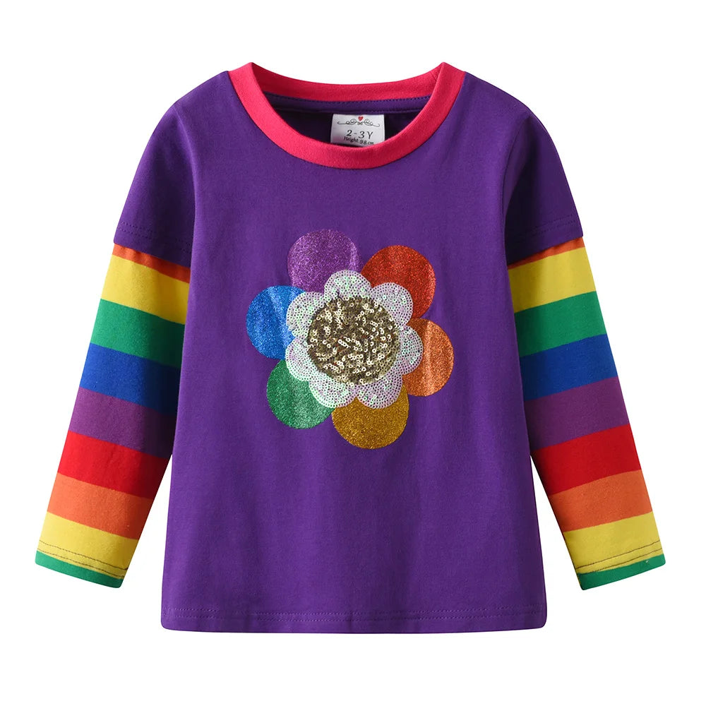 Girls Purple Long Sleeve Tops Kids Rainbow Striped Sleeves Cotton Casual Soft Cozy T Shirt Girls Flower Sequined Colorful Tees
