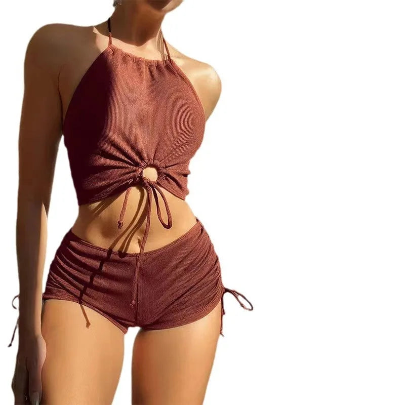 Solid Color Halter Neck Bikini Separate Swimwear Women's Sexy Strapless Top for Beach Vacation Hot Spring Summer Swimwear