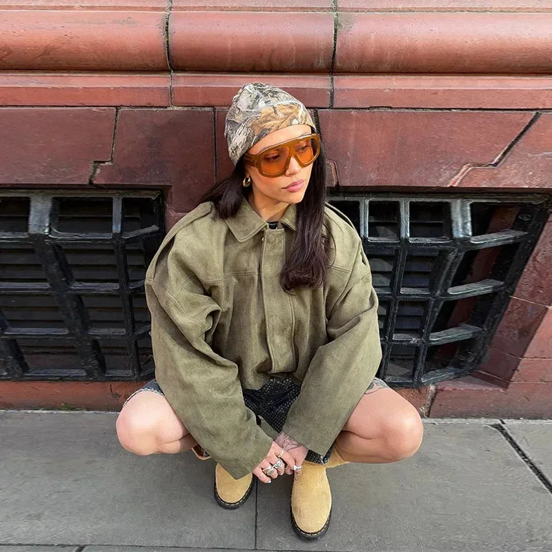 Vintage Women Green Oversize Bomber Jackets 2025 Fashion Ladies Elegant Loose Soft Outfits Jacket for Party Female Chic Clothes