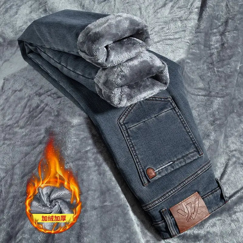 Winter Warm Men's Jeans Fleece Thickened Elastic Smoke Gray Black Business Straight Casual Denim Pants Brand Man PlushClothes