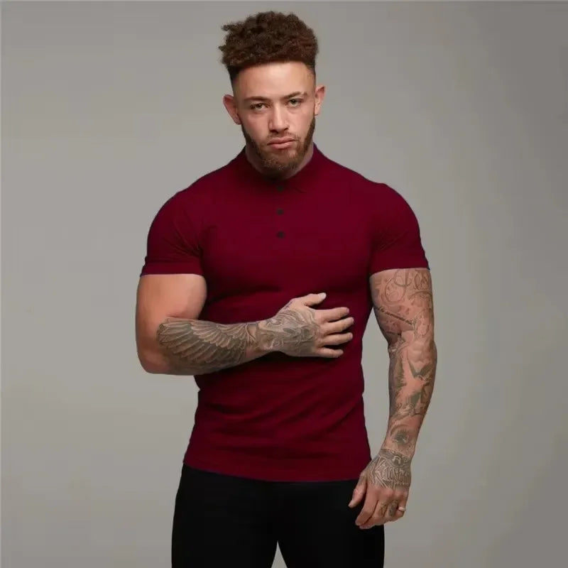 New Summer Fashion Mens Solid Short Sleeve Polo Shirts Slim Fit Turn Collar Male Gym Bodybuilding Fitness Polo Shirt