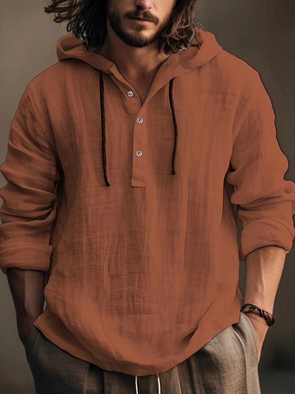 Men's spring and autumn cotton and linen shirt with hooded sweatshirt long sleeve casual and comfortable daily wear