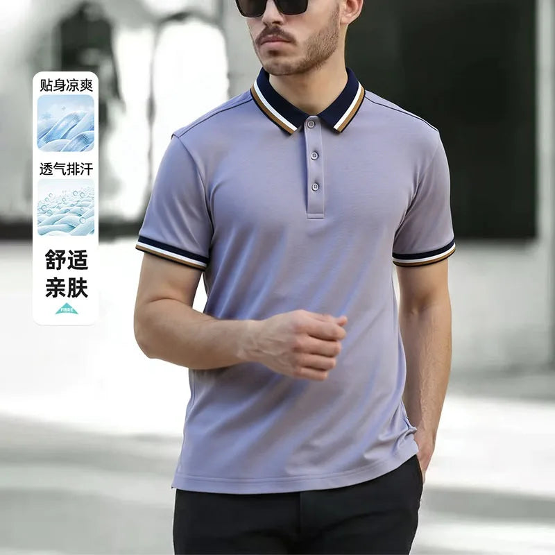 Summer Short Sleeve Men's Solid Color Casual Lapel Polo Shirt Fashion Button Top