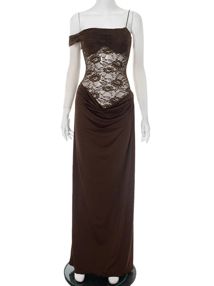 One Shoulder Lace See Through Sexy Maxi Dress Women