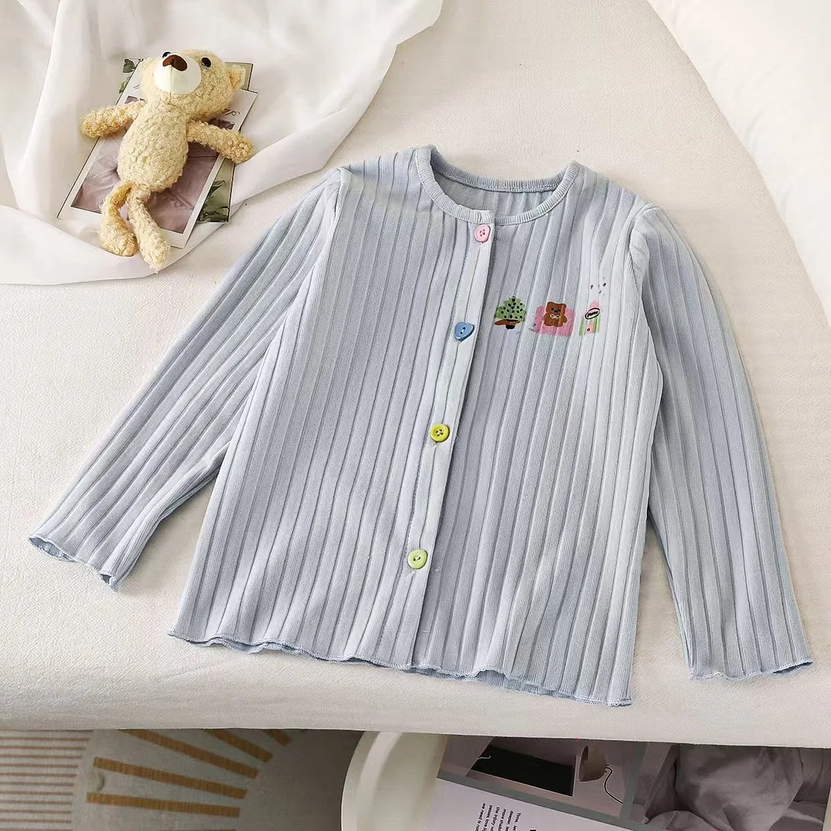 Girls' Base Shirt Long Sleeved Soft Cardigan Children's Cartoon Solid Color Color Color Buckle Jacket Baby Children's Clothing