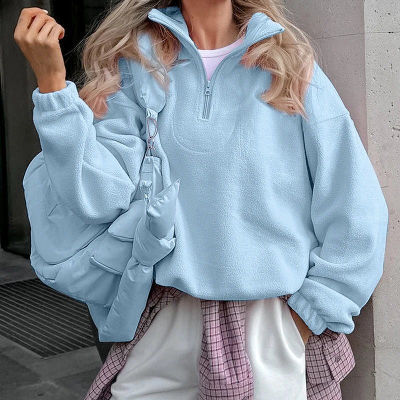 Pink Winter Lamb Fleece Hoodie Women Zipper Lapel Pullover