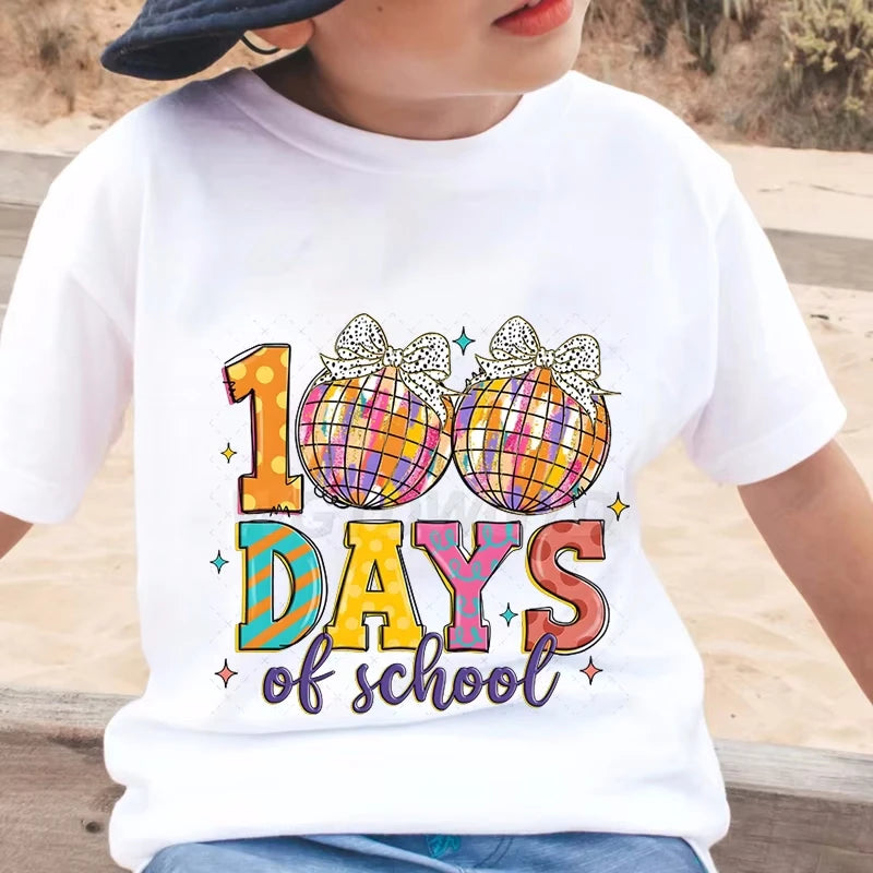 New Girls T Shirt Glitter 100 Days Shirt Children Clothes Girl Disco Ball 100 Days Of School Fashion T-Shirt Retro School Tee