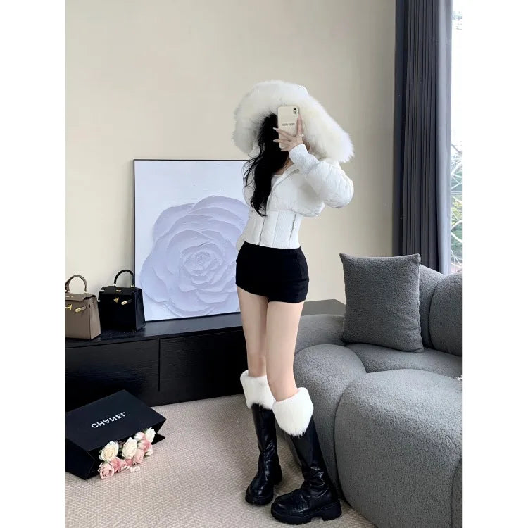 Japanese Heavy Hooded Down Cotton Jackets Autumn Winter Short Coat Women 2025 New White Casual All-match Women's Tops