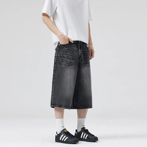 2025 Summer American Lightning Crack Black Grey Jeans Men's Straight Tube Loose Wide Leg Shorts Y2k Street Hip Hop Sevens