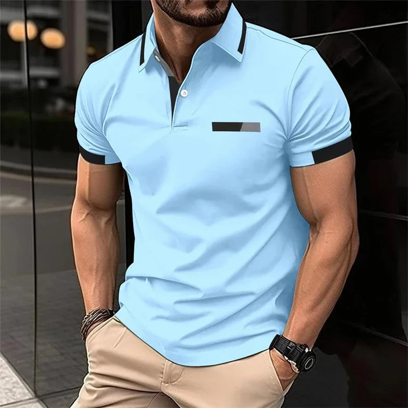 Men's fitness casual sports T-shirt, gym running sports elastic short-sleeved Polo shirt, lapel top, men's tight T-shirt