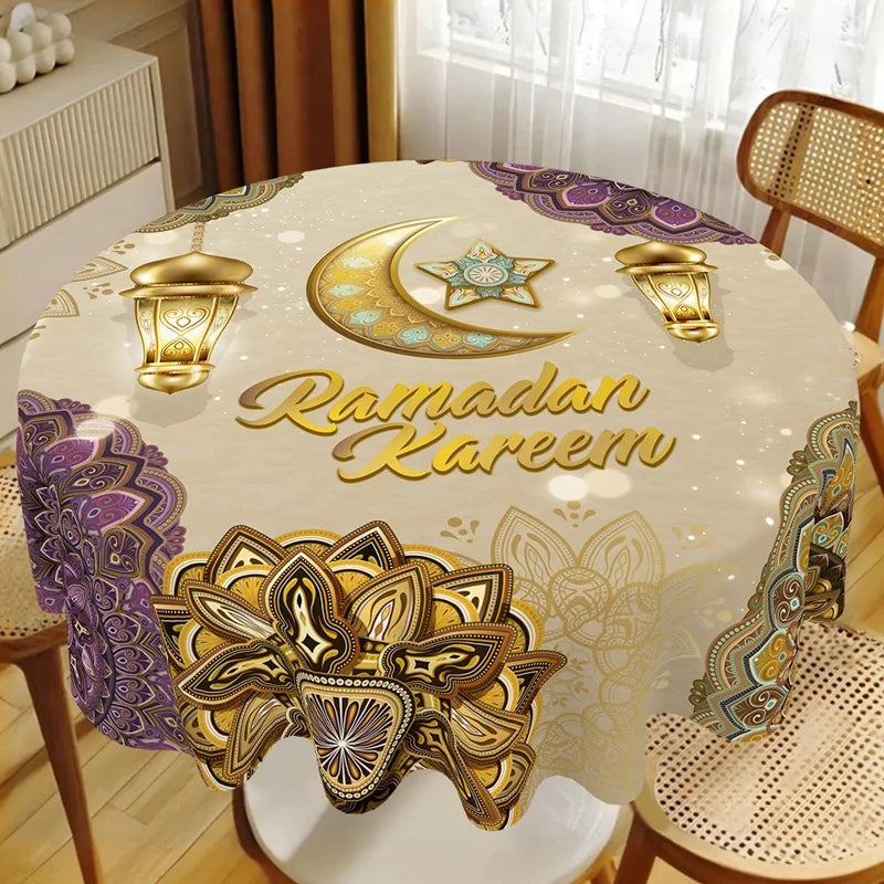 Ramadan Kareem Eid mubarak Polyester Round Tablecloth Ramadan Decor For Home 2026 Islamic Muslim Party Supplies EID Al Adha