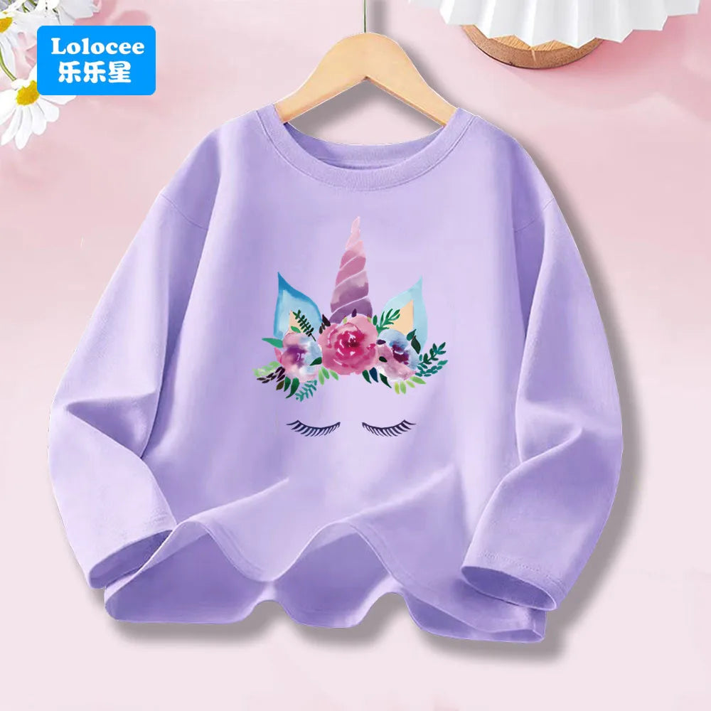 Girls Spring Autumn 8 colors Long Sleeve T-shirt Kids Floral Unicorn Graphic Tops Tee For Kids 3-14years DJSHH1