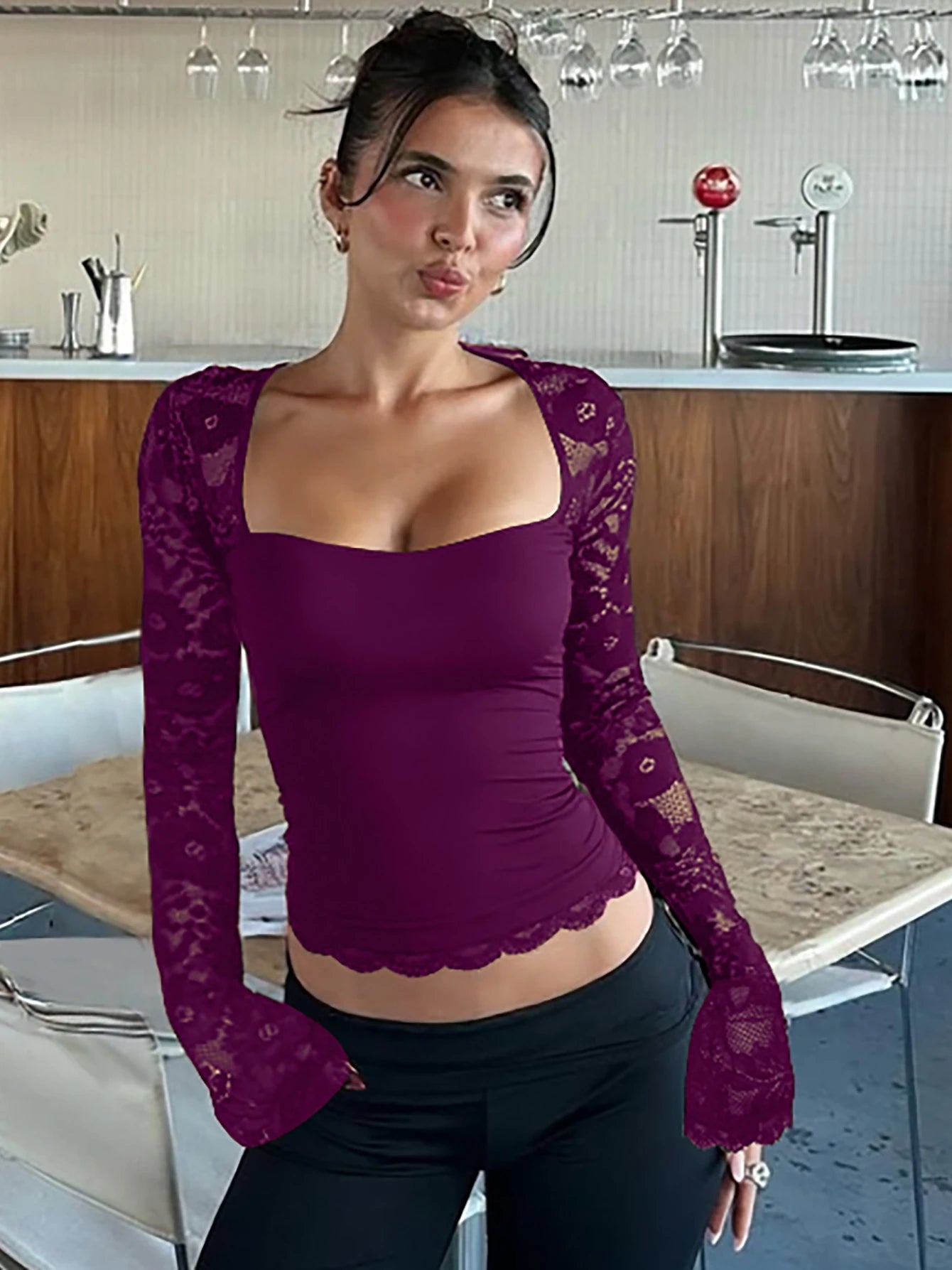 Cugcitar Women’s Square Collar Lace Crop Top