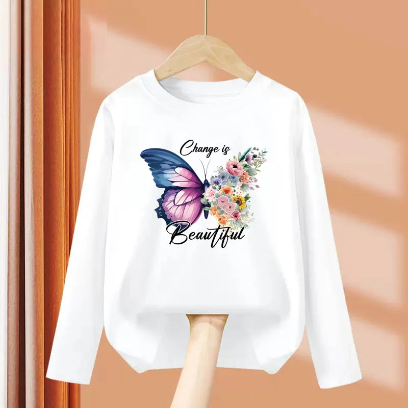 Children Long Sleeved T-shirt Butterfly Girl Fashion Top Spring Cotton Clothes Girls Butterfly Printed Tshirt 3-14T