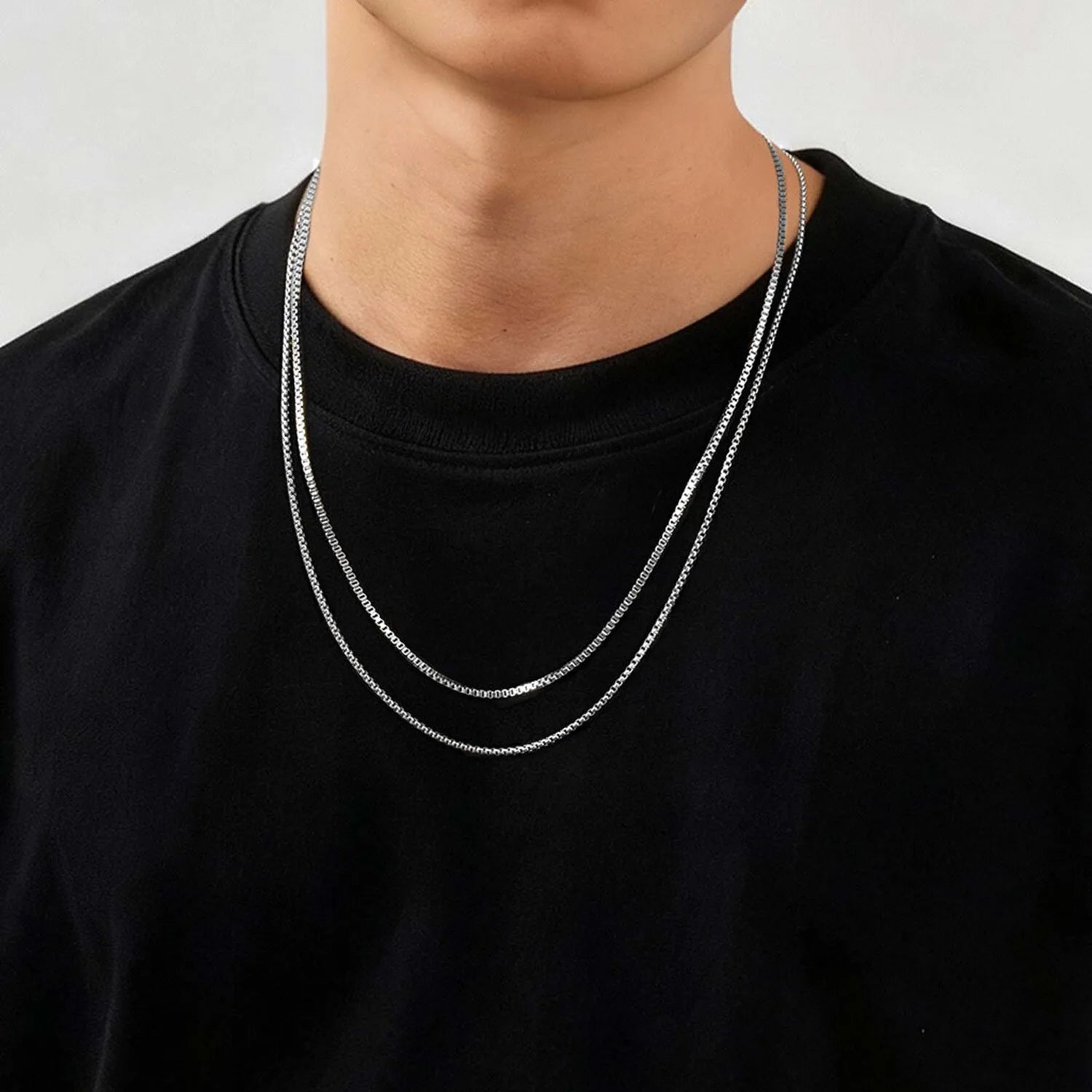 2pcs/set Thin Chain Necklace for Men Boys,Stainless Steel Gold Silver Color Box Chain Collars,Stylish Male Jewelry Gift