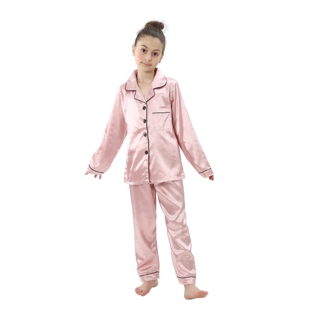 Boys Girls Satin Silk Pajamas Sets for Kids Toddler 2 to 3 4 5 6 7 8 9 10 11 12 13 14 Years Long/Short Sleeved Pink Red Pijamas