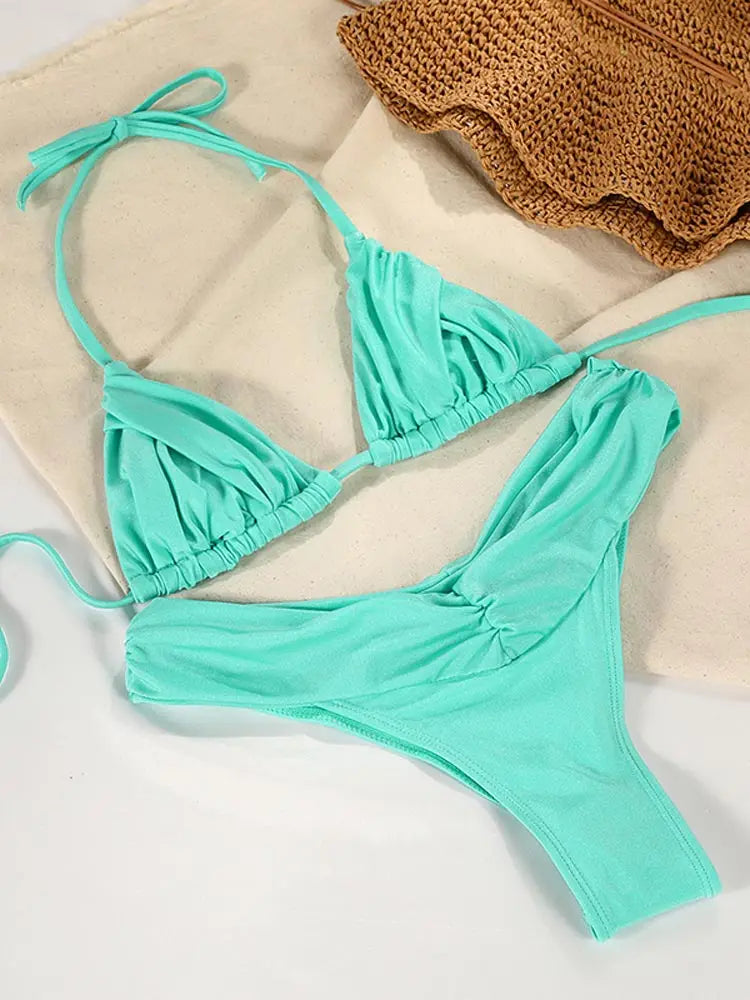 Sexy Folds Bikini Set Solid Micro Bikinis Women Swimsuit Female Triangle Swimwear Beach Wear Bathing Suit