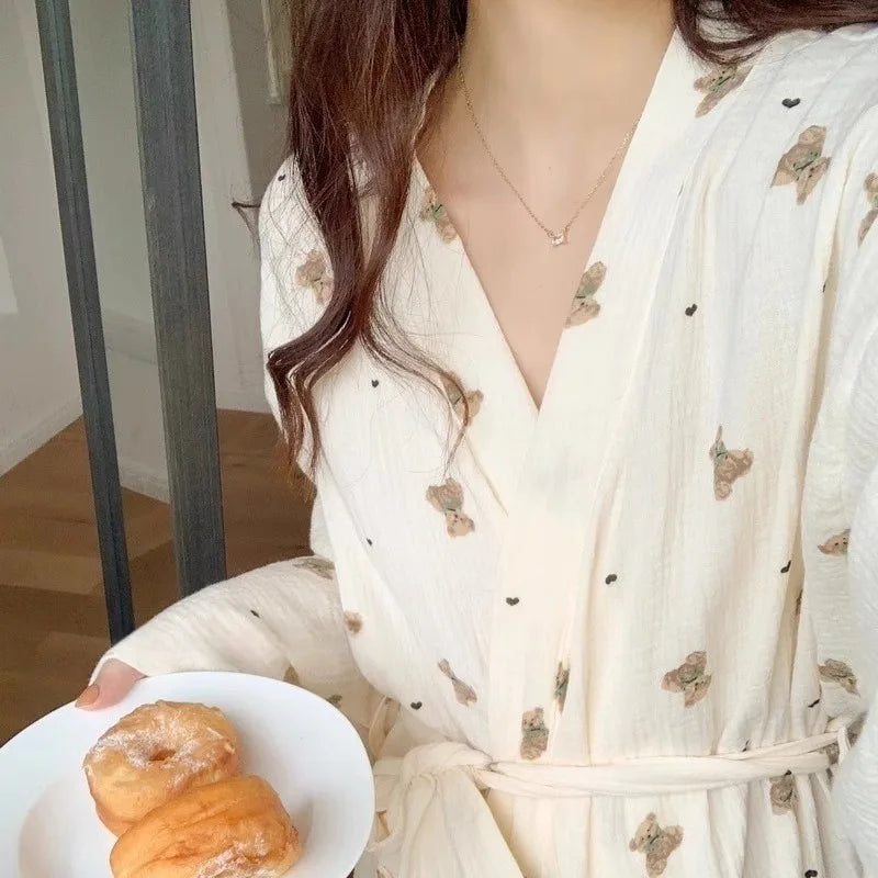 Sleeping Robe Female Spring and Fall New Japanese Ins Style Cute Bathrobe Bear Long-Sleeved Casual Princess Style Home Clothing