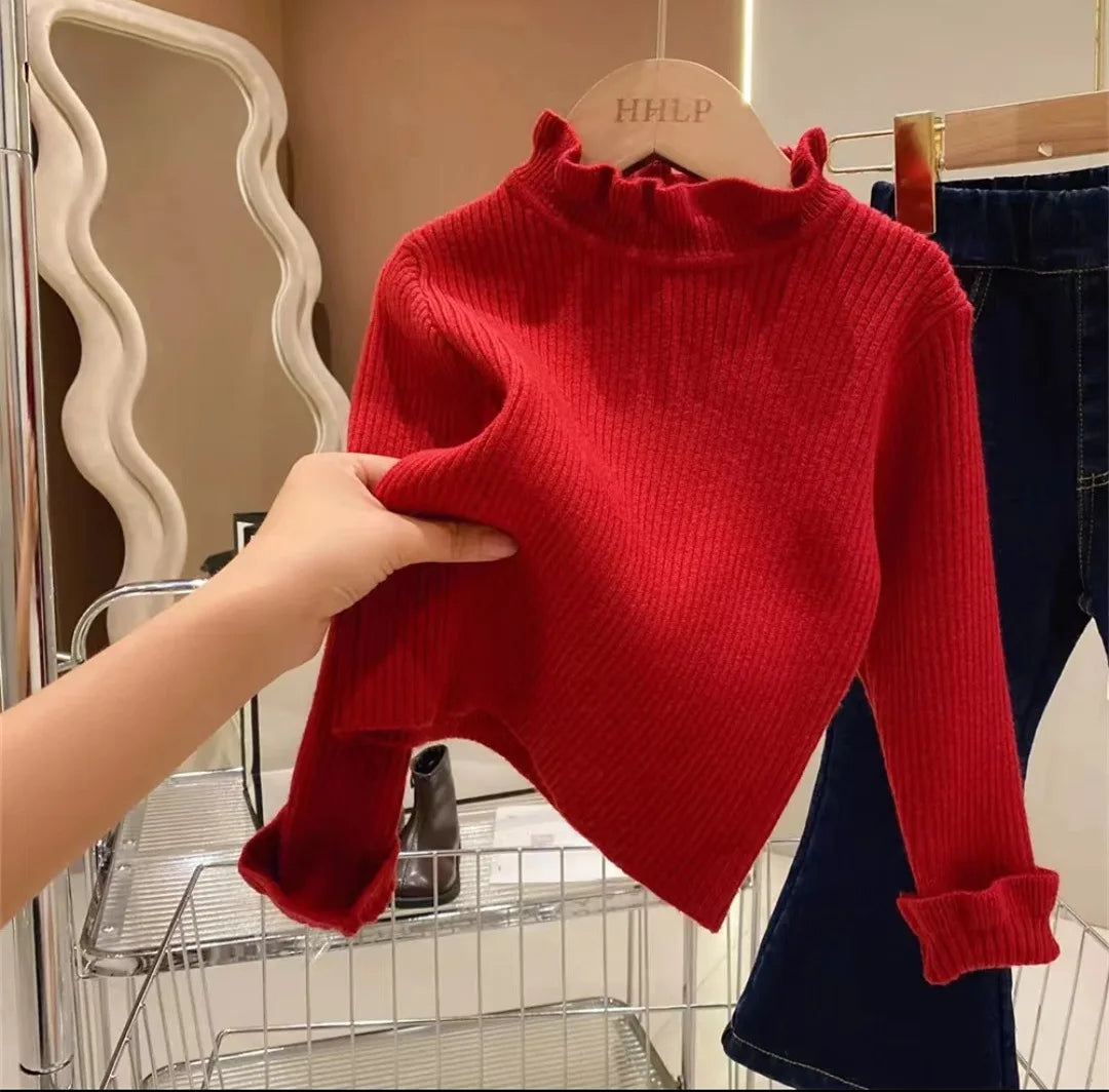 Girls Sweater Winter Fashion High Neck Solid Color Bottom Shirt Children High Elasticity Irregular Collar Knit Pullover