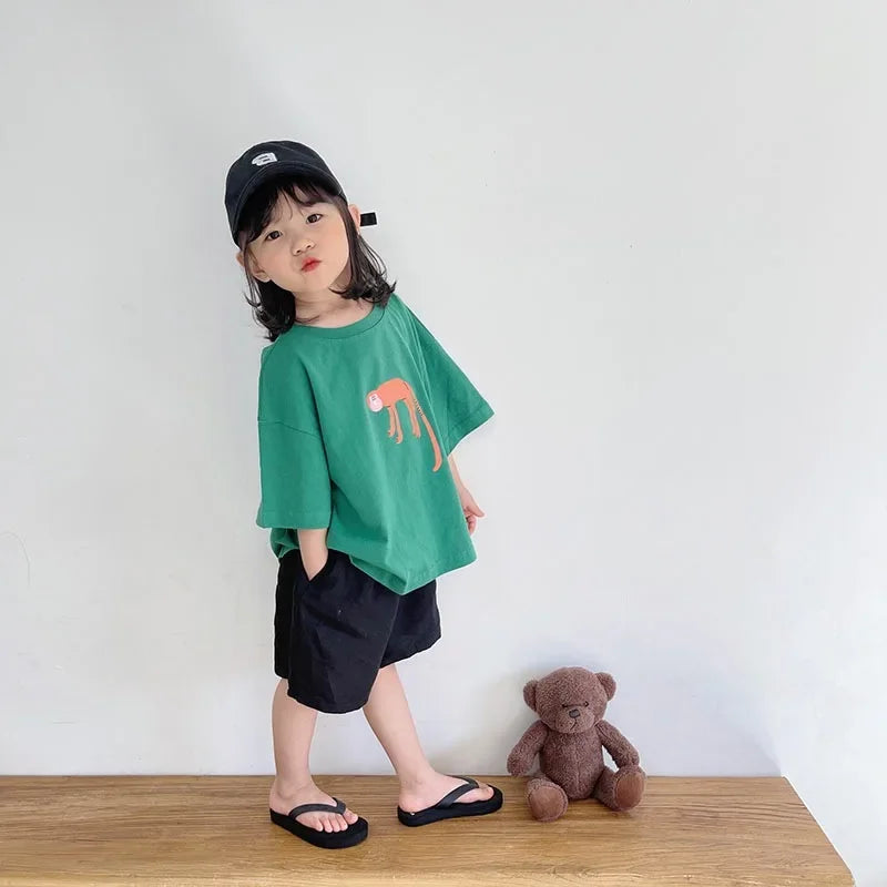 Korean Streetwear Vintage Cartoon Print Unisex Kids T-Shirts 100% Cotton Oversized Summer Tees for Boys & Girls 1-7Years