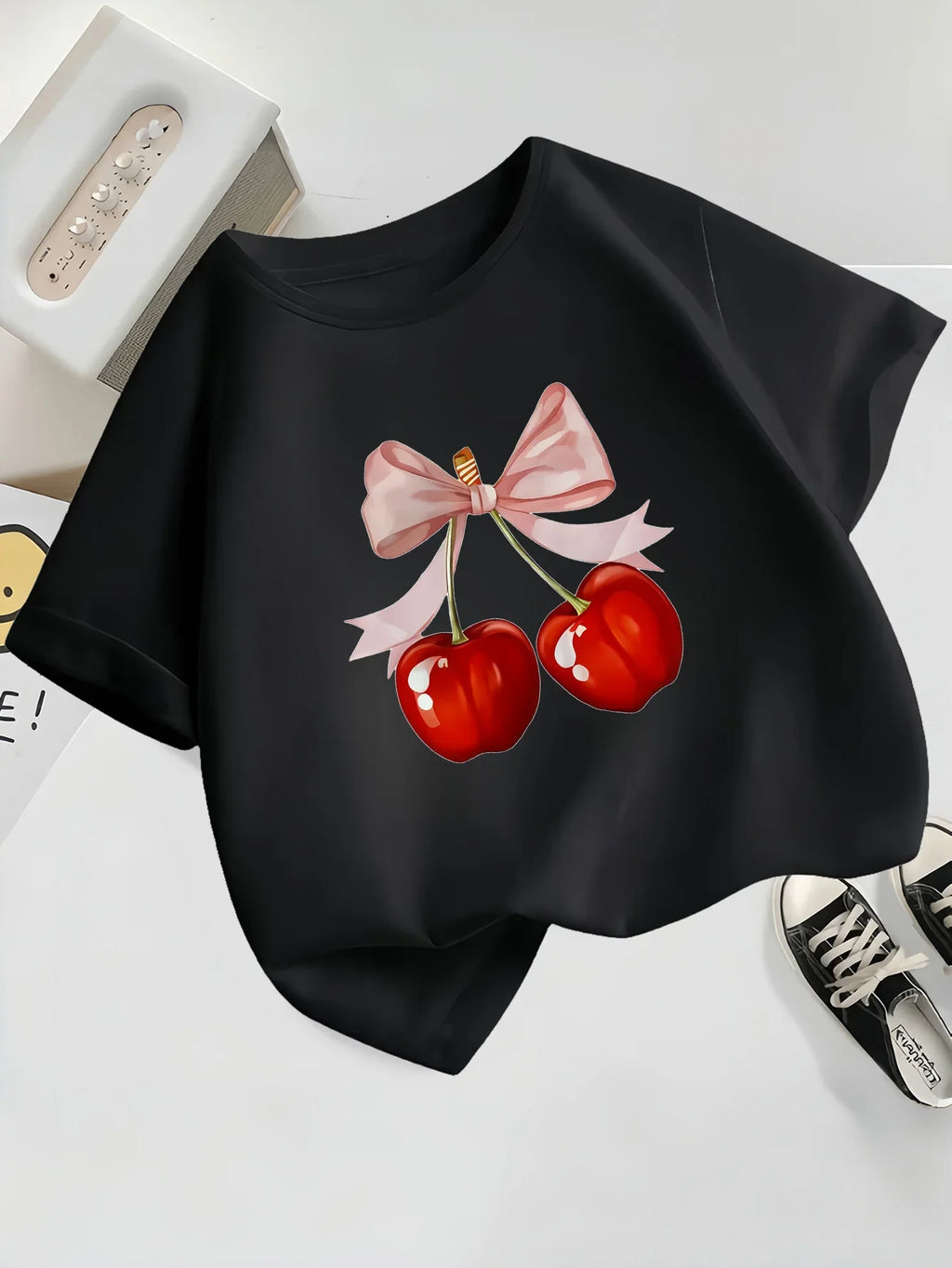 Girls' Casual Short Sleeve Round Neck T-Shirt Summer with Fabric Playful Casual Shirts for Girls Cherry Graphic Tee Comfortable