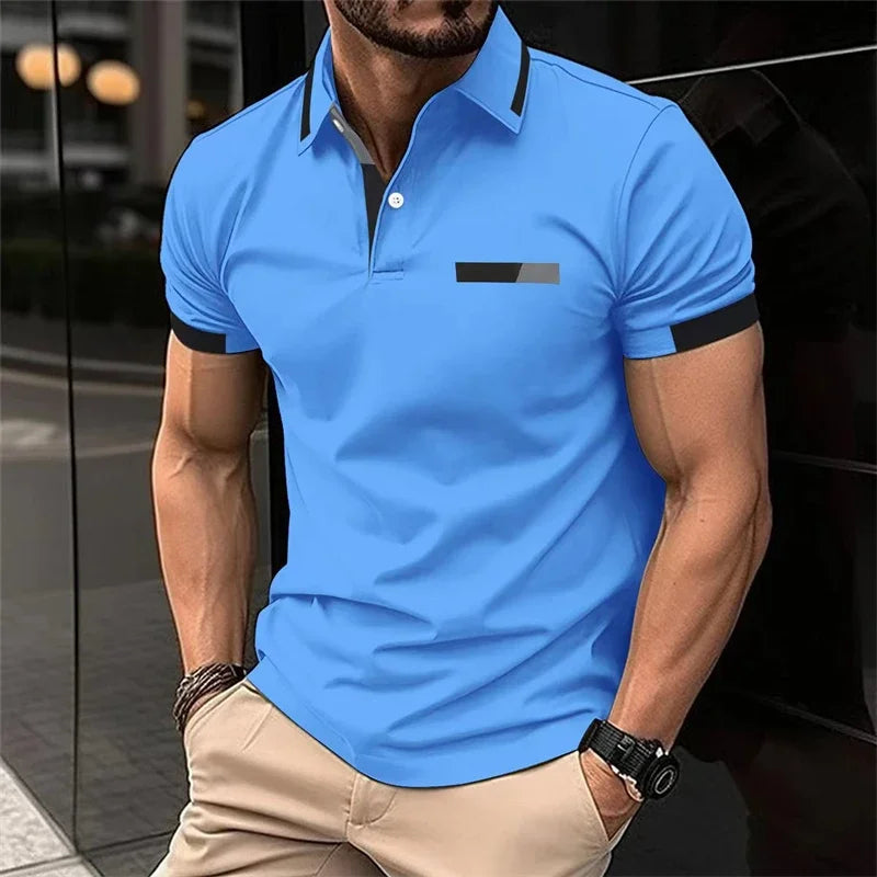 Men's fitness casual sports T-shirt, gym running sports elastic short-sleeved Polo shirt, lapel top, men's tight T-shirt