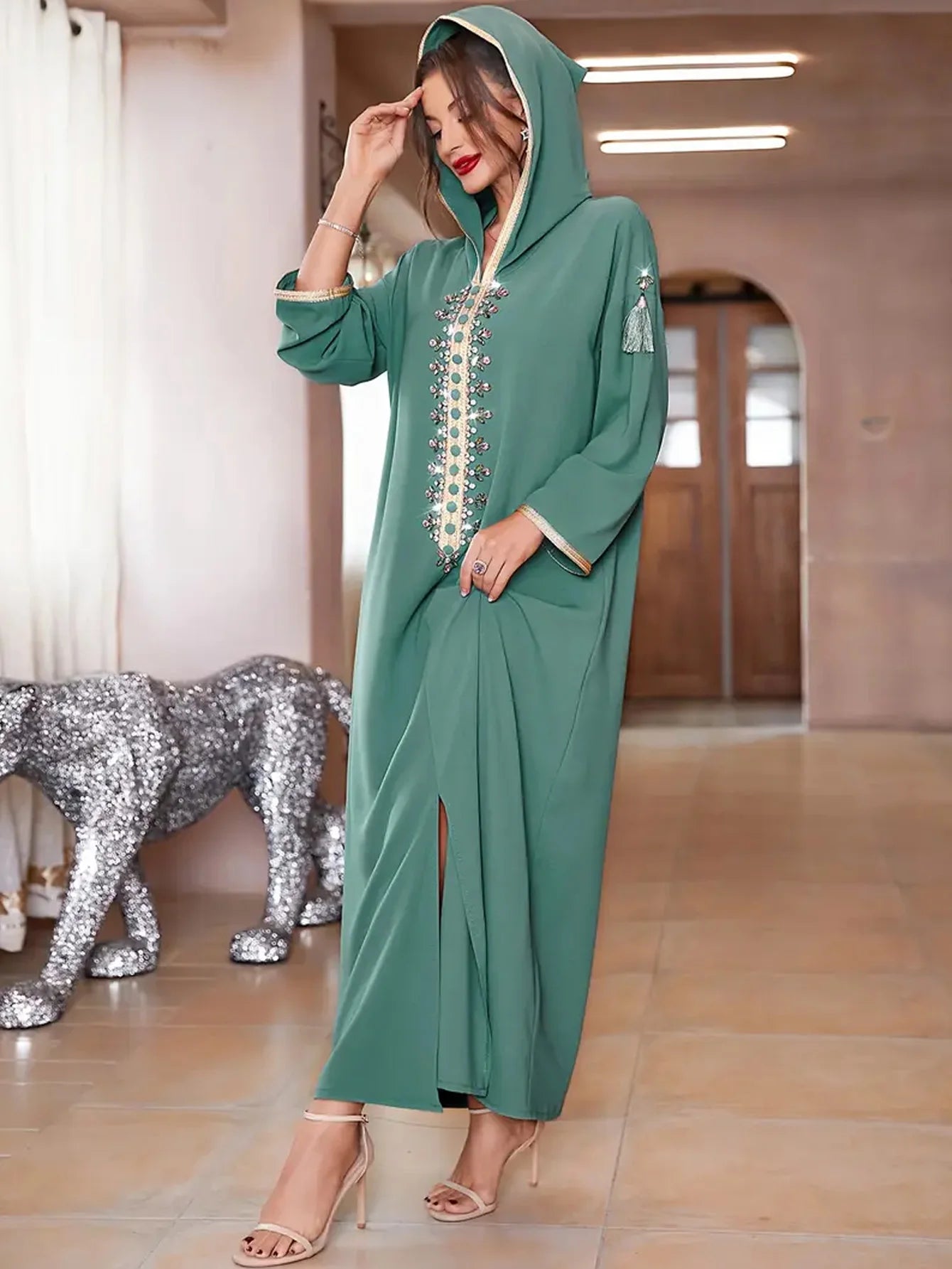 [Rhinestone Kaftan Dress] Elegant Rhinestone Hooded Kaftan Dress - Long Sleeve Ankle Length Women's Clothing