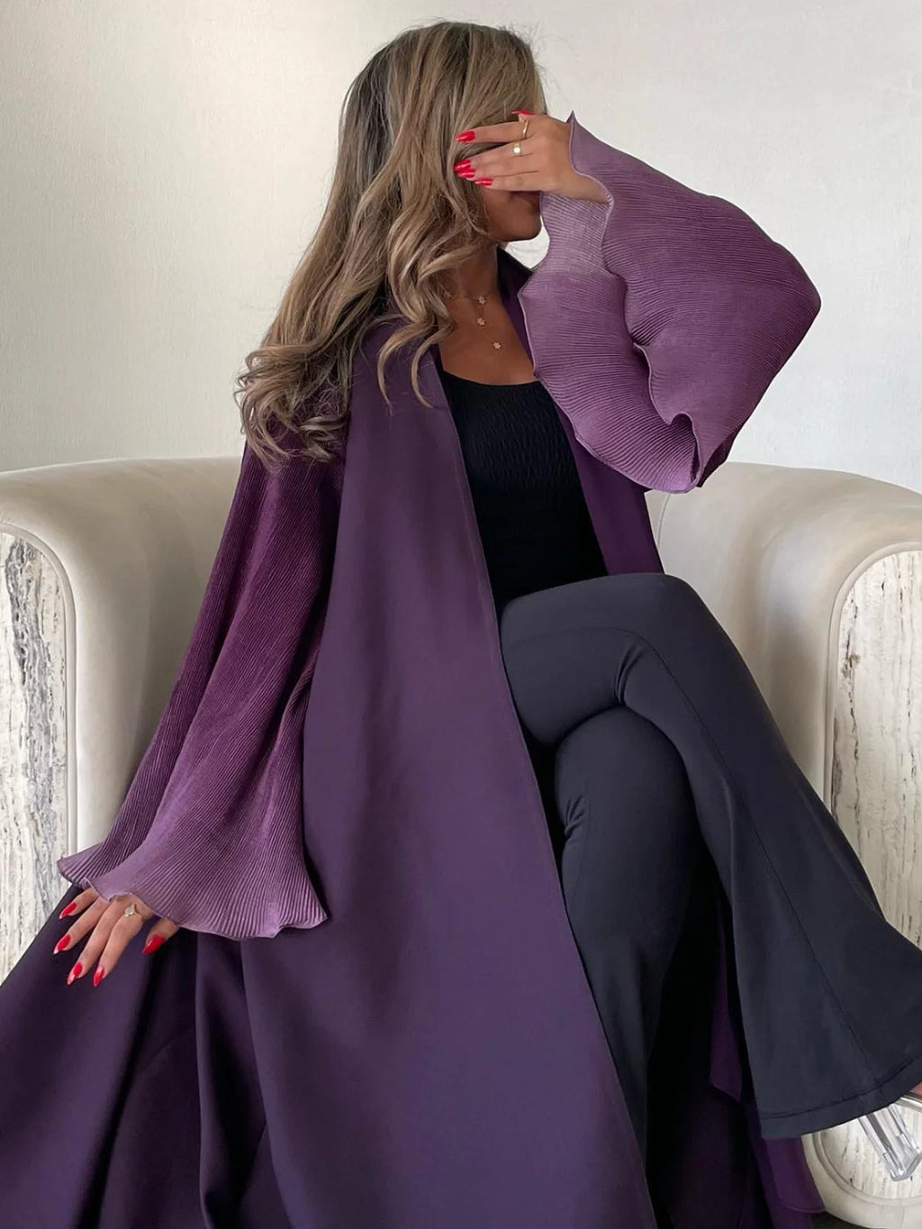 Middle-East Abaya Muslim Flare Sleeve Casual Arabian Pleated Open Front Abayas Turkey Kaftans Women Jilbabs Islamic Maxi Dresses