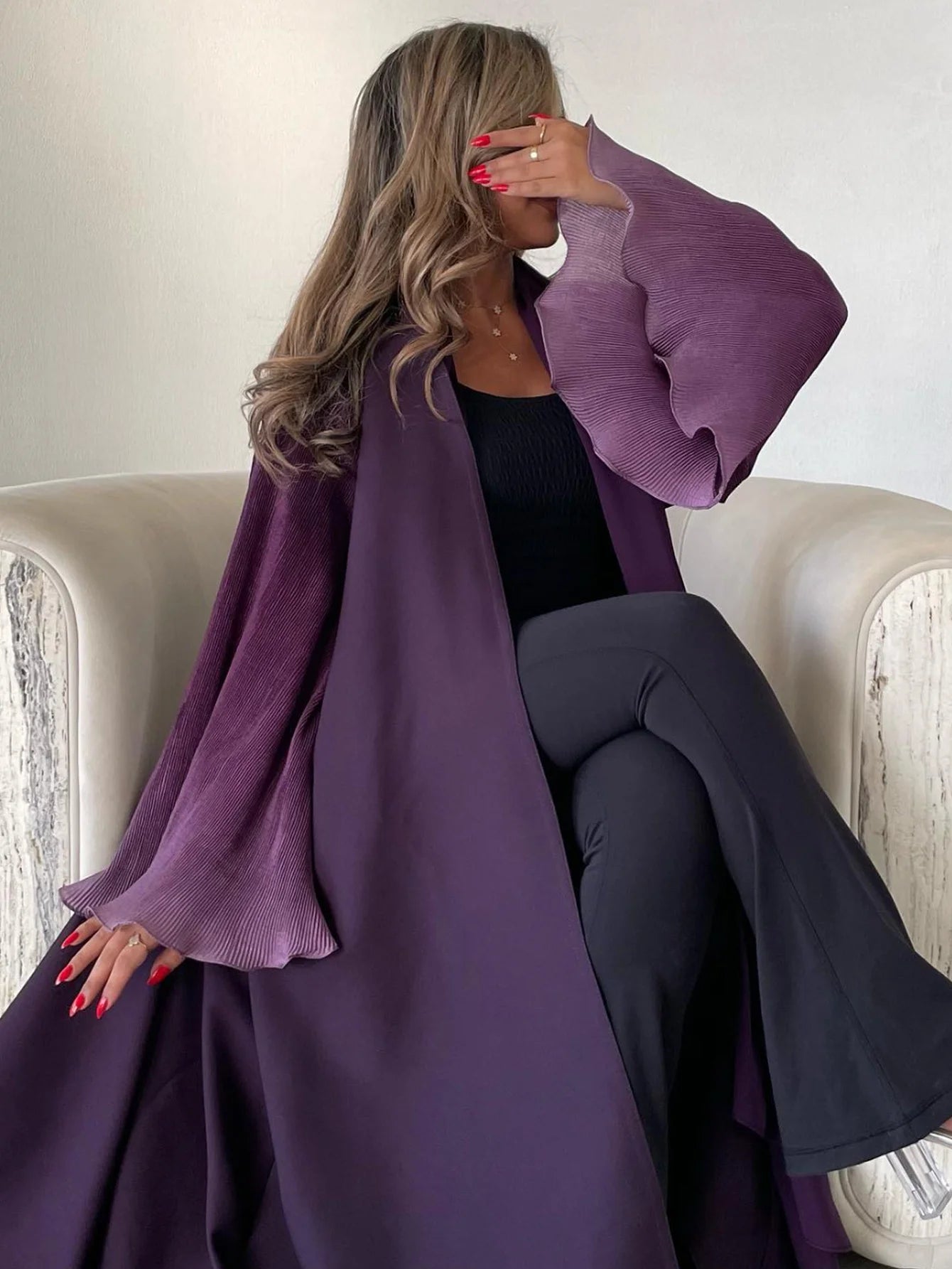 Middle-East Abaya Muslim Flare Sleeve Casual Arabian Pleated Open Front Abayas Turkey Kaftans Women Jilbabs Islamic Maxi Dresses