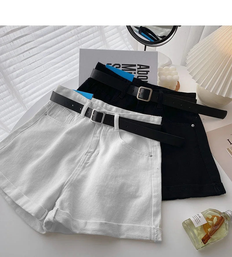Summer Wide Leg High Waist Denim Shorts With Belt Women Korean Fashion Pocket Hot Pants Streetwear Casual Cowboy Jeans Shorts