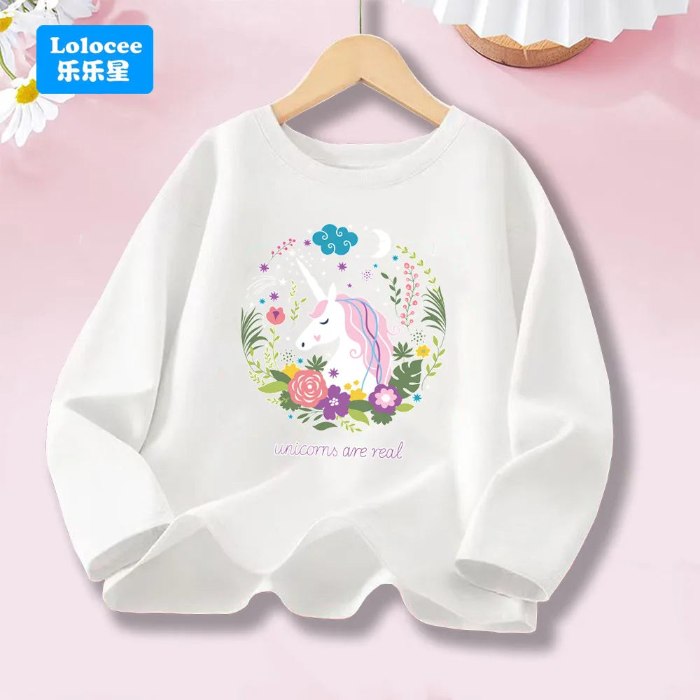 Girls Spring Autumn 8 colors Long Sleeve T-shirt Kids Floral Unicorn Graphic Tops Tee For Kids 3-14years DJSHH1