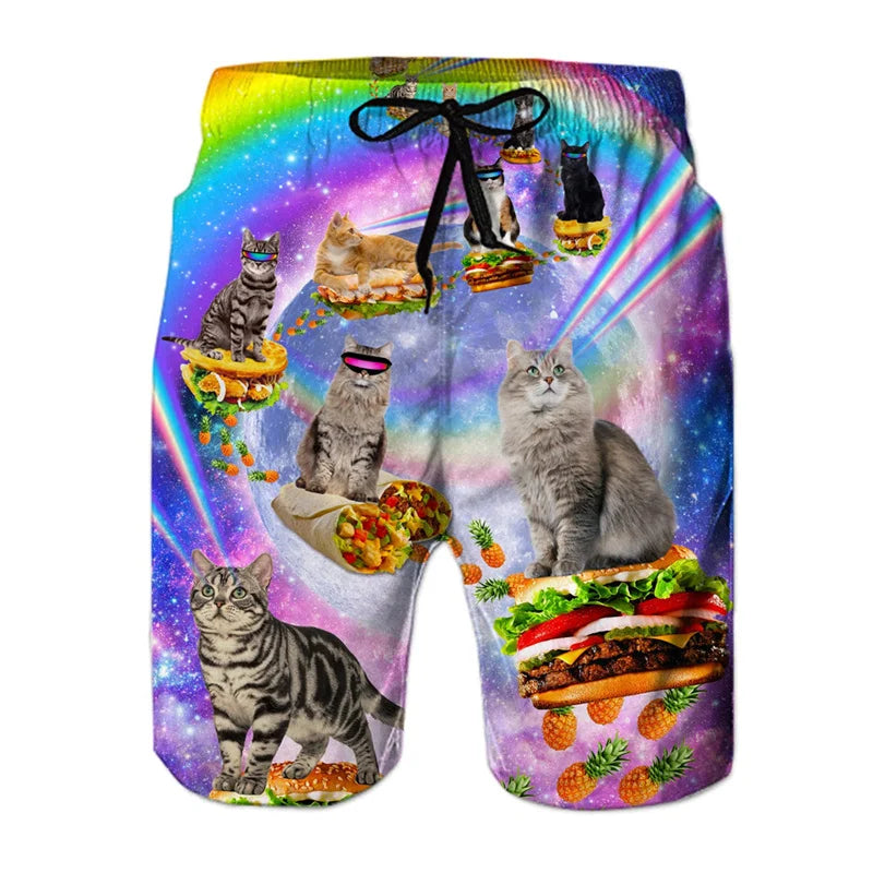 Funny Dinosaur Cat Graphics Beach Shorts Men 3D Print Animal Surfing Board Shorts Summer Hawaiian Swim Trunks Cool Ice Shorts