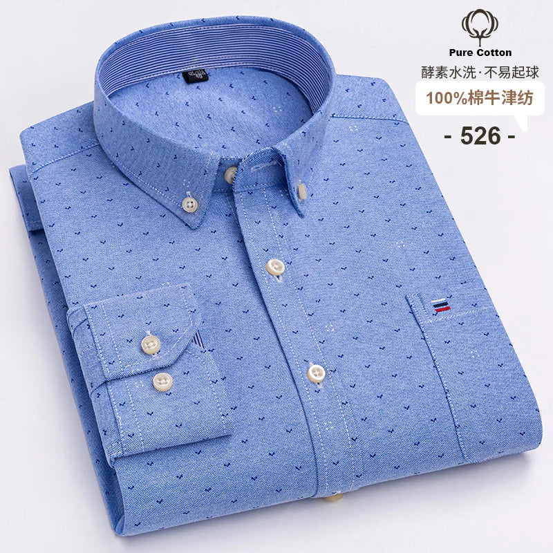 100% Cotton Oxford Men's Shirts Long Sleeves Plaid Soft Regular Fit Formal Dress Shirt Pocket Social Blouse Male Clothes S-7XL