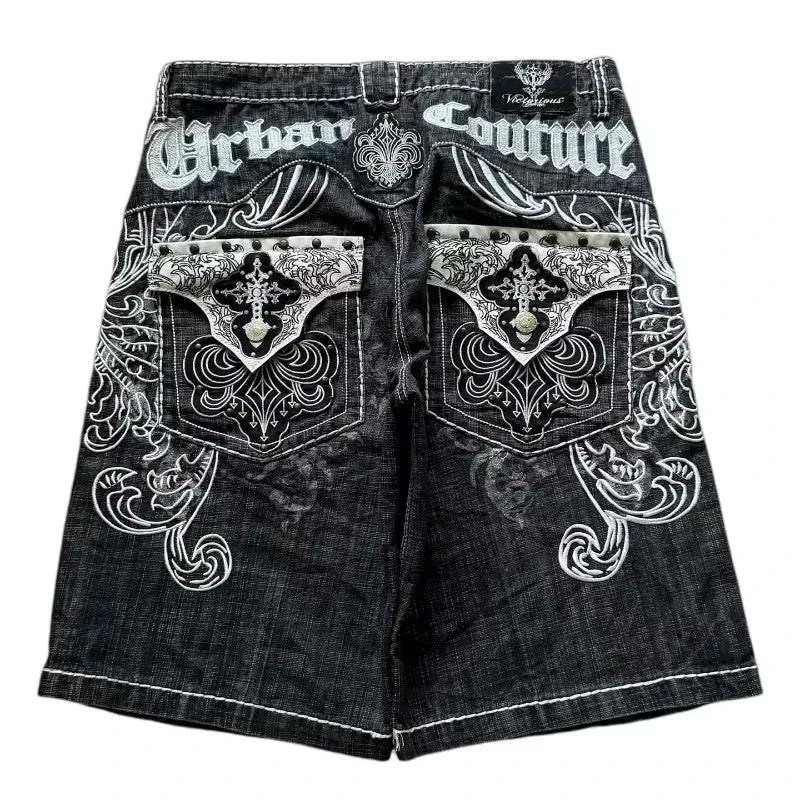 American Retro Gothic Women Denim Shorts Pattern Embroidery Loose Unisex Shorts Y2K Printing Korean Casual Fashion Couple Shorts
