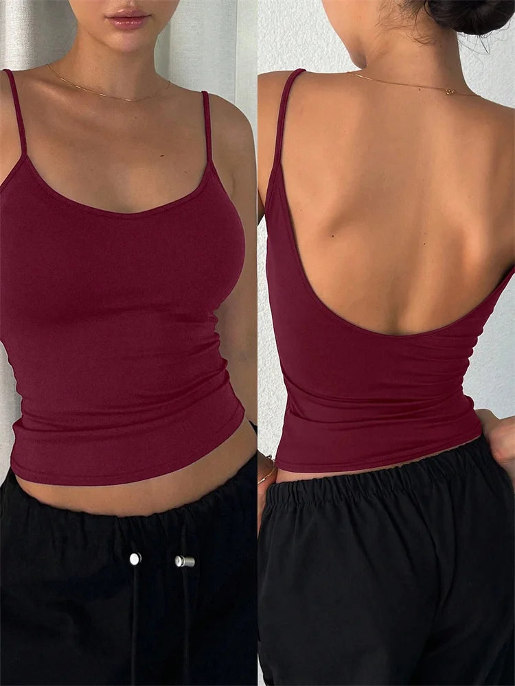 Women Backless Cami Crop Top Summer Solid Color Casual Sleeveless Top Streetwear Y2K Clothes