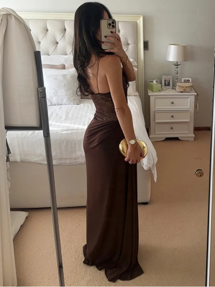 One Shoulder Lace See Through Sexy Maxi Dress Women