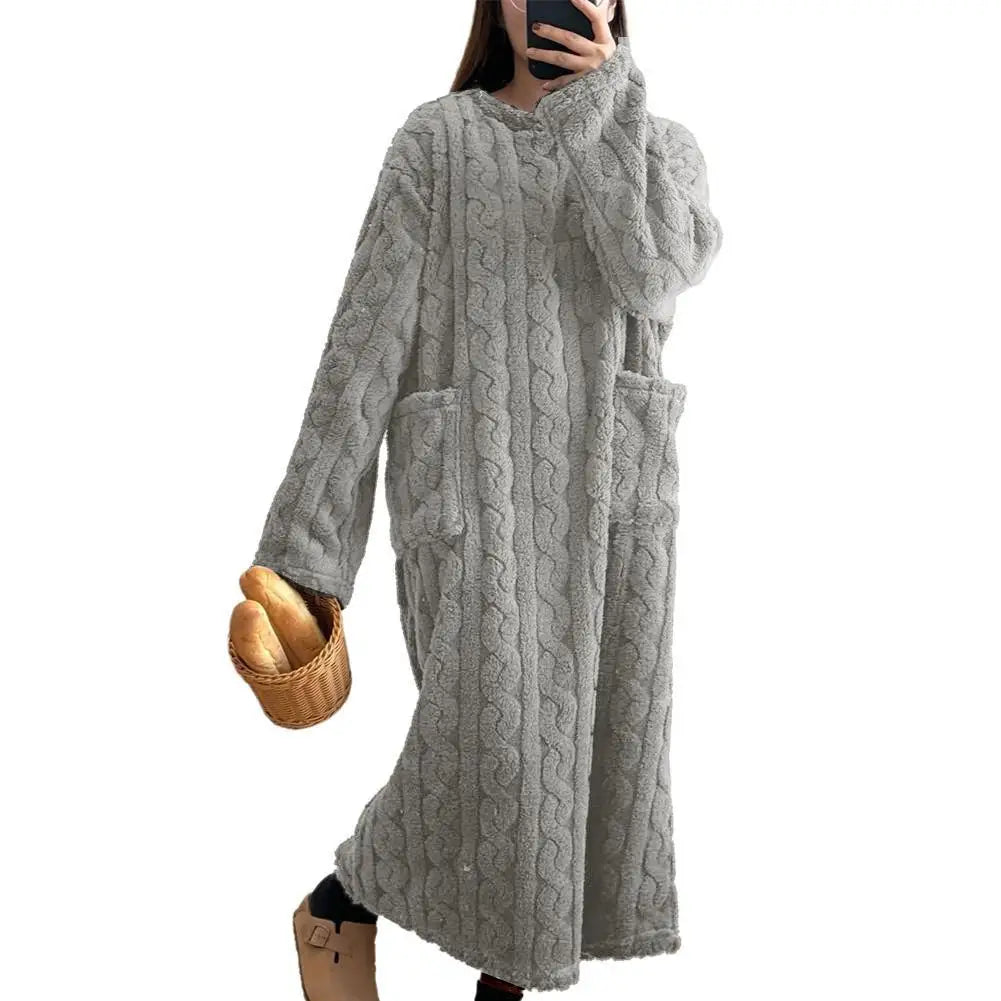 Winter Long Sleeve Double Pocket Flannel Nightgowns Women Loose Solid Sleepwear Jacquard Night Dress Thickened Warm Nightdress