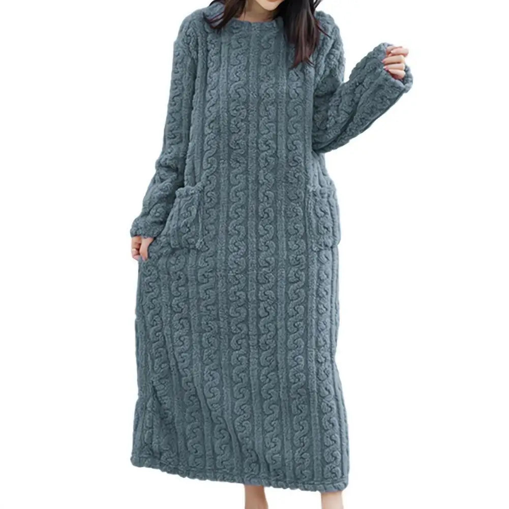 Winter Long Sleeve Double Pocket Flannel Nightgowns Women Loose Solid Sleepwear Jacquard Night Dress Thickened Warm Nightdress