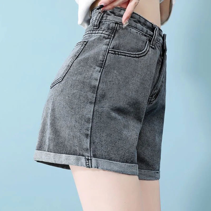Summer 2026 New Women Rolled Edge Hot Denim Shorts Lady Korean Mini Pants Girls Elastic Blue Black Black Gray A Line Short Jeans