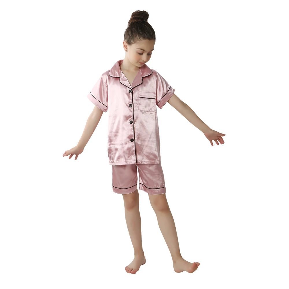 Boys Girls Satin Silk Pajamas Sets for Kids Toddler 2 to 3 4 5 6 7 8 9 10 11 12 13 14 Years Long/Short Sleeved Pink Red Pijamas