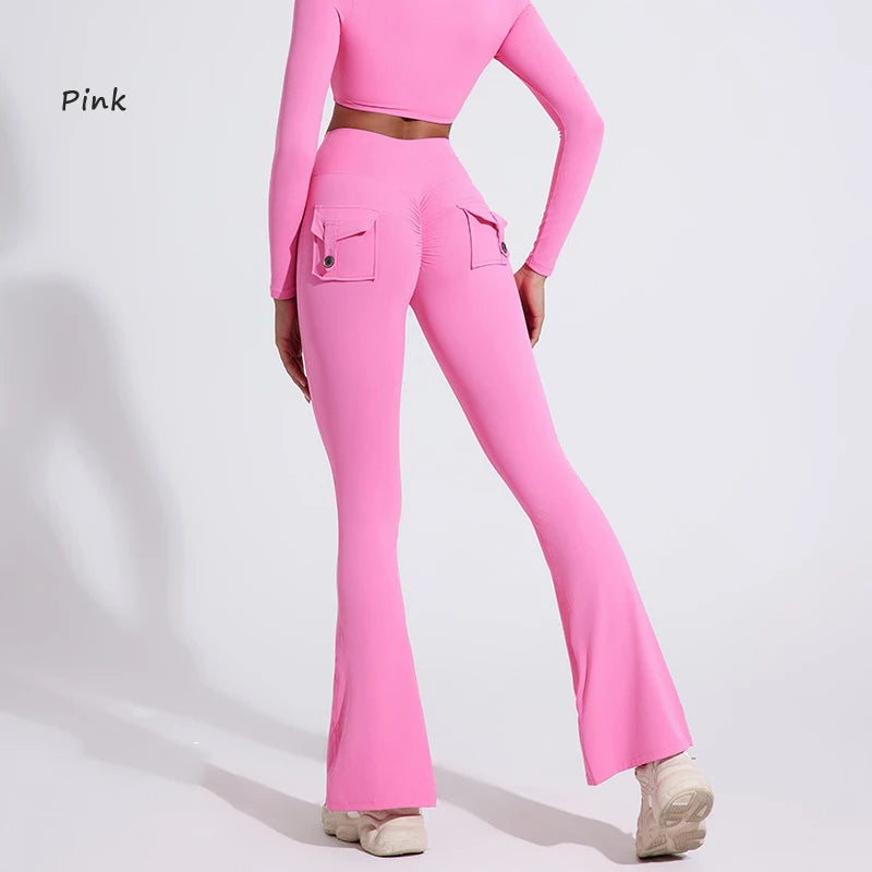 DIAS FIT JOY Women's pocket bell bottoms yoga high waisted hip lifting fitness pants quick drying running exercise fitness gym