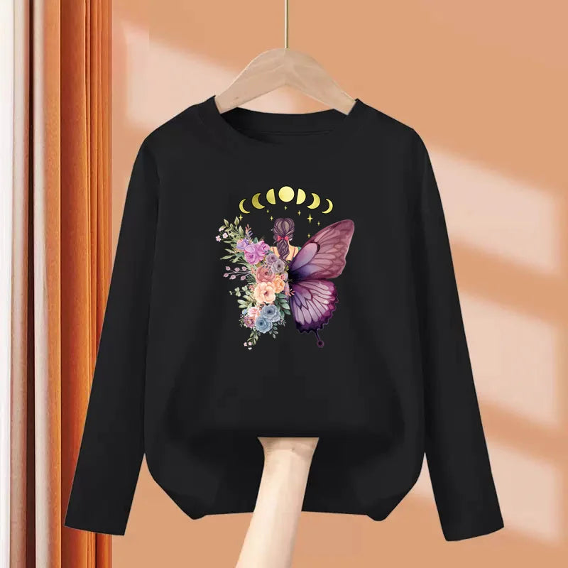 Children Long Sleeved T-shirt Butterfly Girl Fashion Top Spring Cotton Clothes Girls Butterfly Printed Tshirt 3-14T